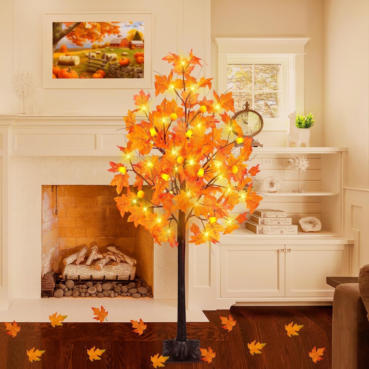 Maple Tree, 63 LED Prelit Fall Decor Maple Tree 7 Pumpkin Lights 7 Acorns Lights Plug in Indoor Outdoor Autumn Thanksgiving Harvest Fall Decorations